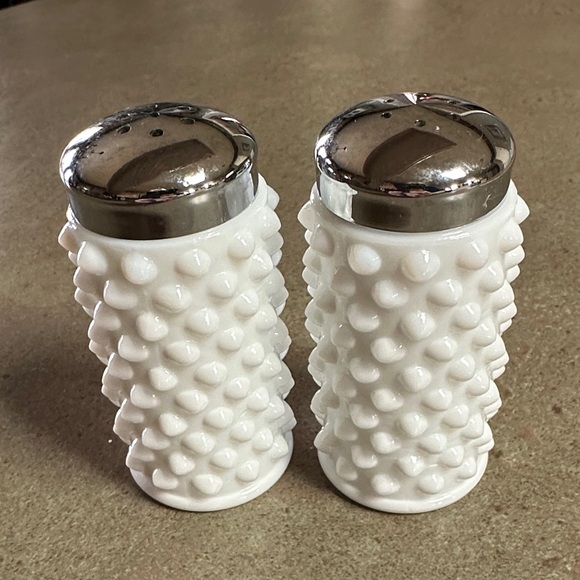Fenton Other - Fenton White Hobnail Salt and Pepper Shakers with Silver Tops